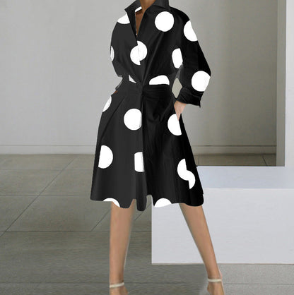 Dress for Women – Mid-length – V-neck – Long Sleeves – Polka Dot – Relaxed Fit