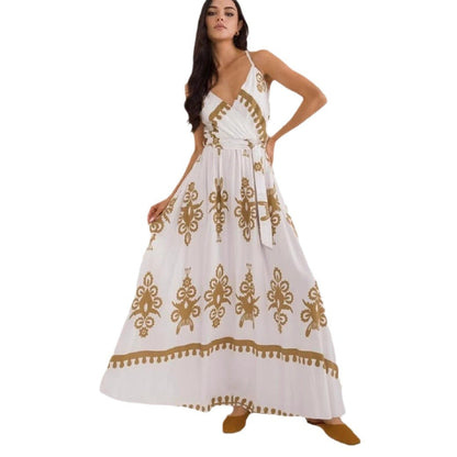 Women's Maxi Dress – Light Cotton – Sleeveless – V-neck – Empire Waist – Patterned