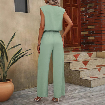 Women's Set with Sleeveless Top and Wide Pants – V-neck – Adjustable Waist – Breathable Fabric