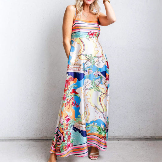 Dress woman – Maxi length – Fit and flare cut – Spaghetti straps – Printed pattern