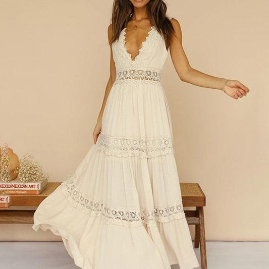 Women's Maxi Dress – Deep V-neck – Lace and Ruffles – Fitted Waist – Flowy Skirt