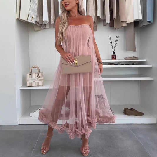 Women's Dress Midi – Strapless Tulle – Loose A-line – Ruffle Hem Casual Style