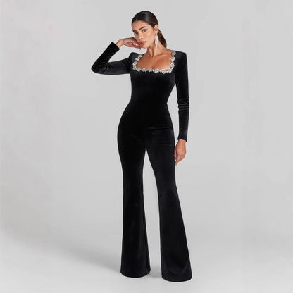 Women's Jumpsuit – Slim Fit – Velvet – Flared Legs – Embellished Neckline – Long Sleeves