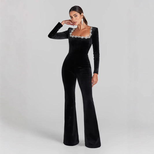 Women's Jumpsuit – Slim Fit – Velvet – Flared Legs – Embellished Neckline – Long Sleeves