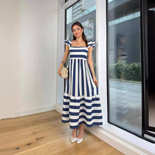 Dress for Women – Mid-length – Off Shoulder – Cotton Blend – Ruffles – Striped