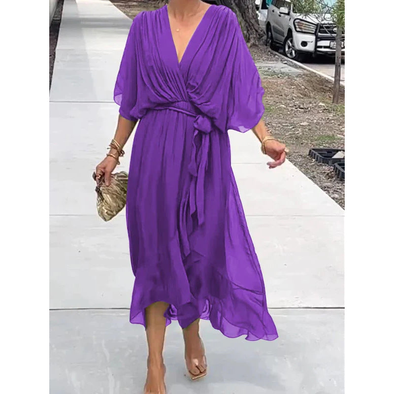 Dress for Women – Maxi – Loose Fit – Batwing Sleeves – Asymmetric Hem – Waist Tie