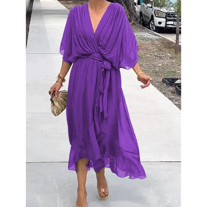 Dress for Women – Maxi – Loose Fit – Batwing Sleeves – Asymmetric Hem – Waist Tie