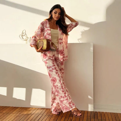 Dame sett med kimono topp og vide bukser – blomsterprint – løs passform – lett stoff