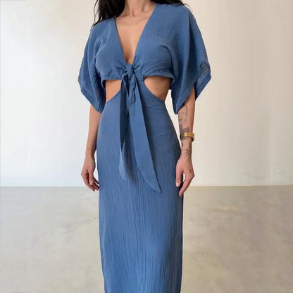Dress woman – Maxi dress – Slim fit – V-neck – Cutouts – Open back