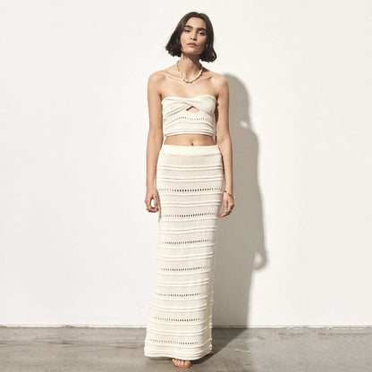 Women's Two-piece Set – Crocheted Bandeau Top and High Midi Skirt – Slim Fit