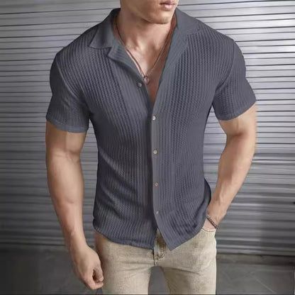 Men's T-Shirt – Slim Fit – Waffle Texture – Buttons – Short Sleeve – Relaxed Style