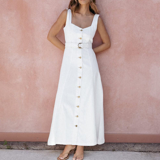 Women's Maxi Dress – Sleeveless – Slim Fit – Buttons – Belt – Light and Soft Fabric