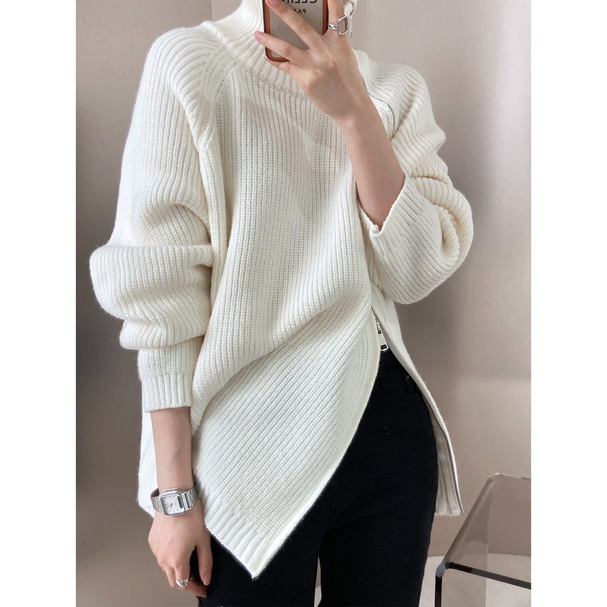 Women's Knitted Sweater – Wool Blend – Oversized Fit – High Neck – Zipper Detail