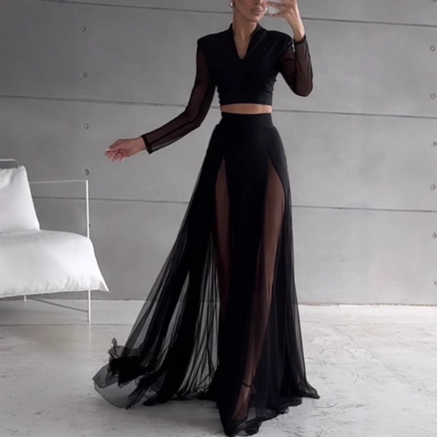 Women's Two-Piece Set – Long-Sleeve Crop Top – Floor-Length A-Line Skirt – Transparent Mesh