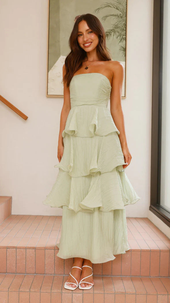 Dress woman – strapless midi dress – tight-fitting bodice – ruffle and layered skirt