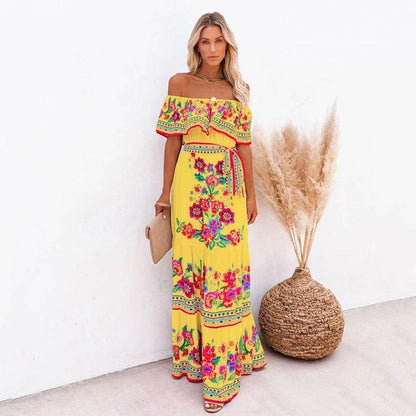 Women's Maxi Dress – Off Shoulder – Ruffle Edge – Floral Print – Belt at Waist