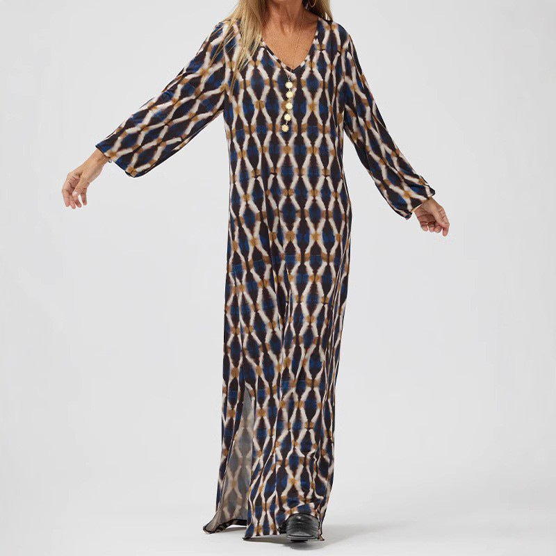 Women's Midi Dress – V-Neck with Buttons – Long-Sleeved – Loose Fit – Elegant Pattern