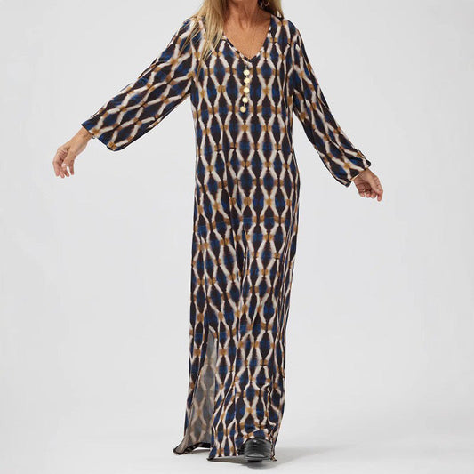 Women's Midi Dress – V-Neck with Buttons – Long-Sleeved – Loose Fit – Elegant Pattern