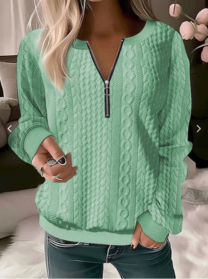 Women's Sweater – Wool Blend – Relaxed Fit – Cable Knit – Zipper Neck