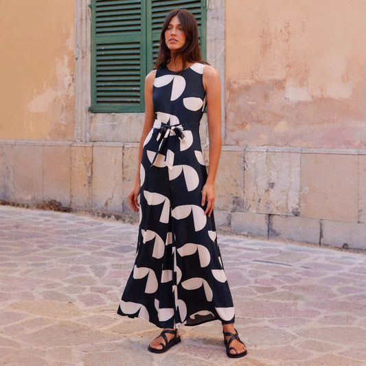 Women's Jumpsuit – Sleeveless – Wide Leg – Waist Belt – Abstract Pattern – Full Length