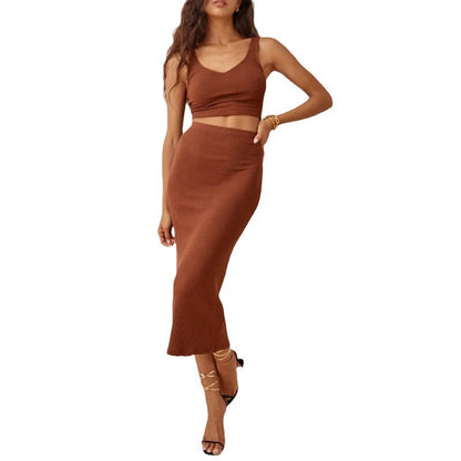 Women's Set – Ribbed Knit Crop Top and Midi Skirt – Slim Fit