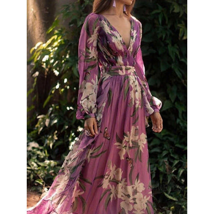 Dress woman – Chiffon – V-neck – Floral print – Long sleeves – Full length – Loose fit