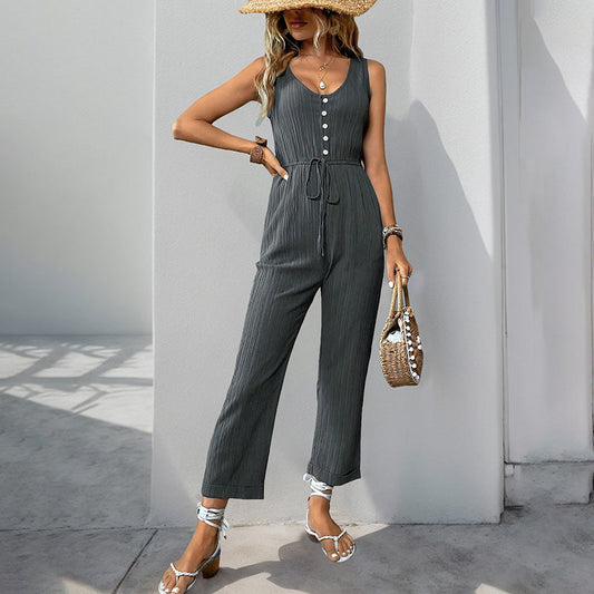 Women's Jumpsuit – Sleeveless V-neck – Textured Fabric – Relaxed Fit – Belt at Waist