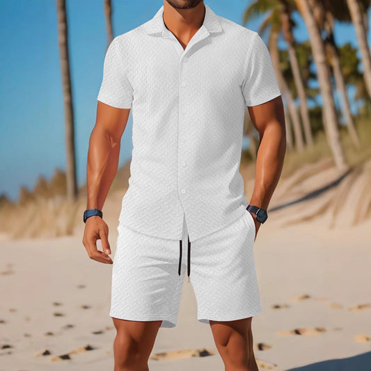 Men's Set Shirt and Shorts – Slim Fit – Lightweight Breathable Fabric – Embossed Texture