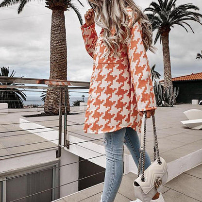 Women's Jacket – Oversize Fit – Cotton Feel – Houndstooth – Button Front – Chest Pockets