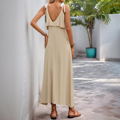 Dress woman – Sleeveless – Loose fit – Adjustable tie straps – Ruffle details – Ankle length