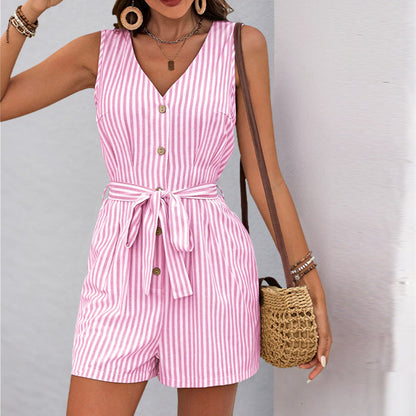 Women's Romper – Sleeveless – V-neck – Vertical Stripes – Belt at Waist – Relaxed Fit