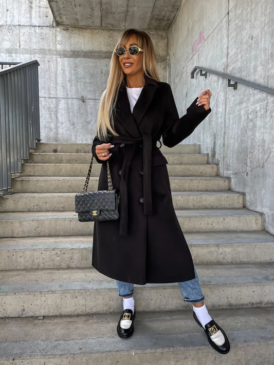Women's Wool Coat – Tailored Fit – Belted Waist – Buttons – Full Length