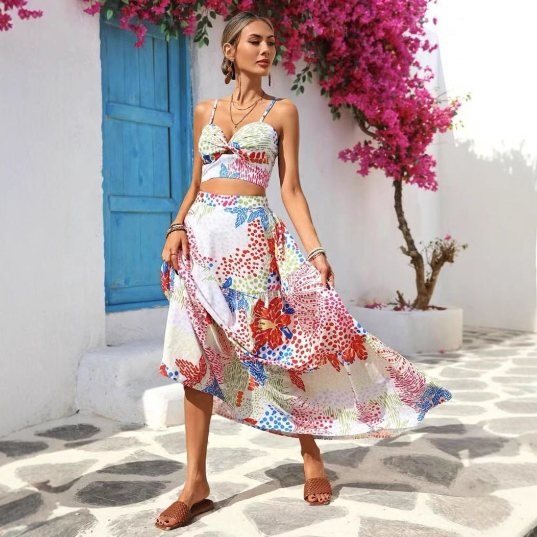 Women's Set – Sleeveless Crop Top With Thin Straps – A-line Long Skirt – Light Fabric