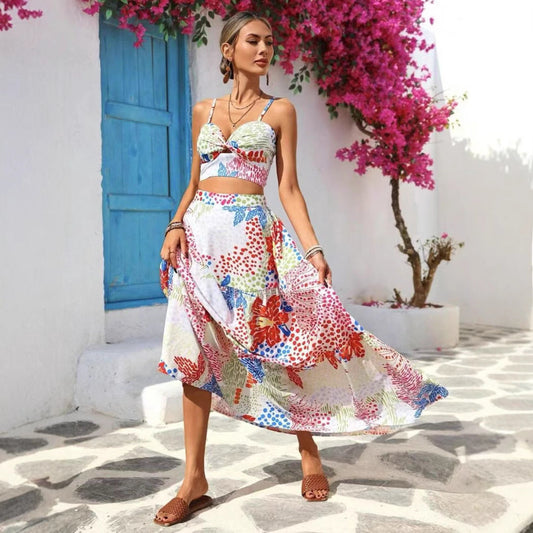 Women's Set – Sleeveless Crop Top With Thin Straps – A-line Long Skirt – Light Fabric