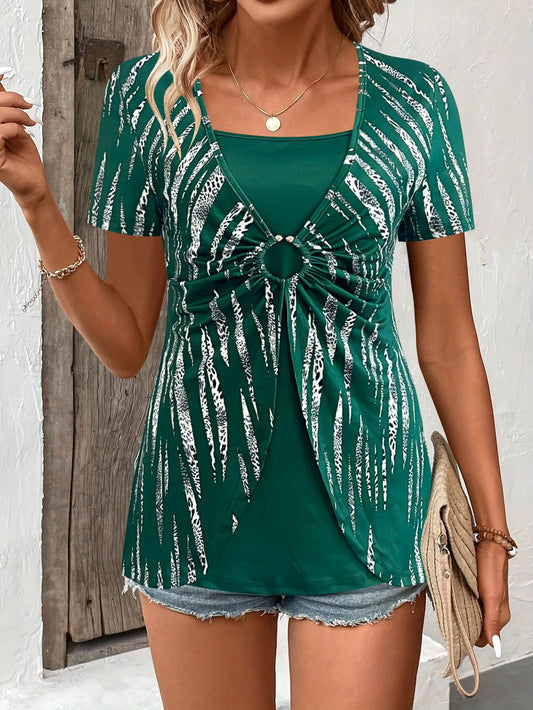Women's T-shirt – Relaxed Fit – Layered Look – Ethnic Pattern – Waist Detail