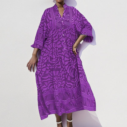 Dress for Women – Midi Length – Relaxed Fit – Abstract Pattern – 3/4 Sleeves – Stand Collar – Front Buttons