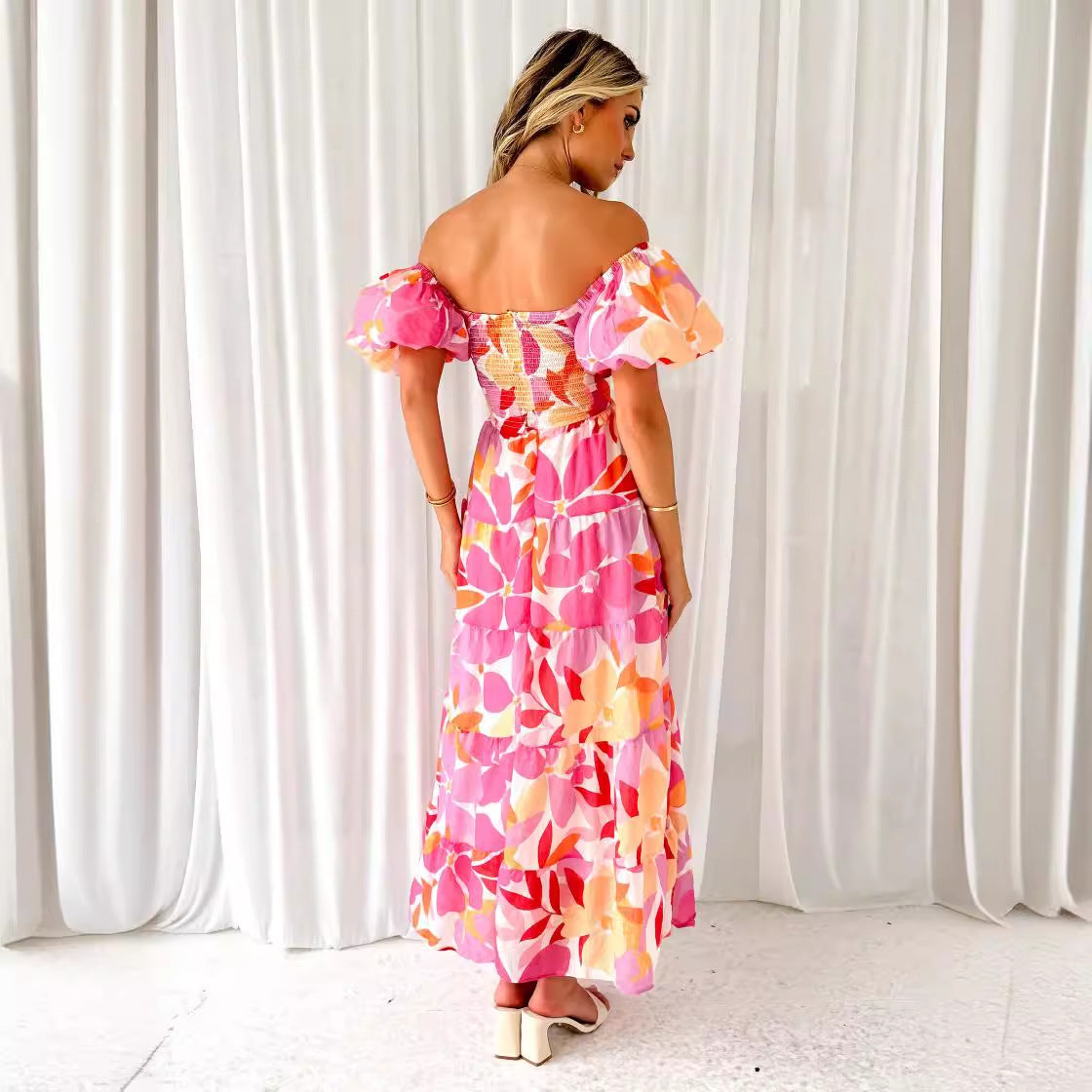 Women's Maxi Dress – Off-Shoulder – Puff Sleeves – Smocked Bodice – Light and Airy – Patterned