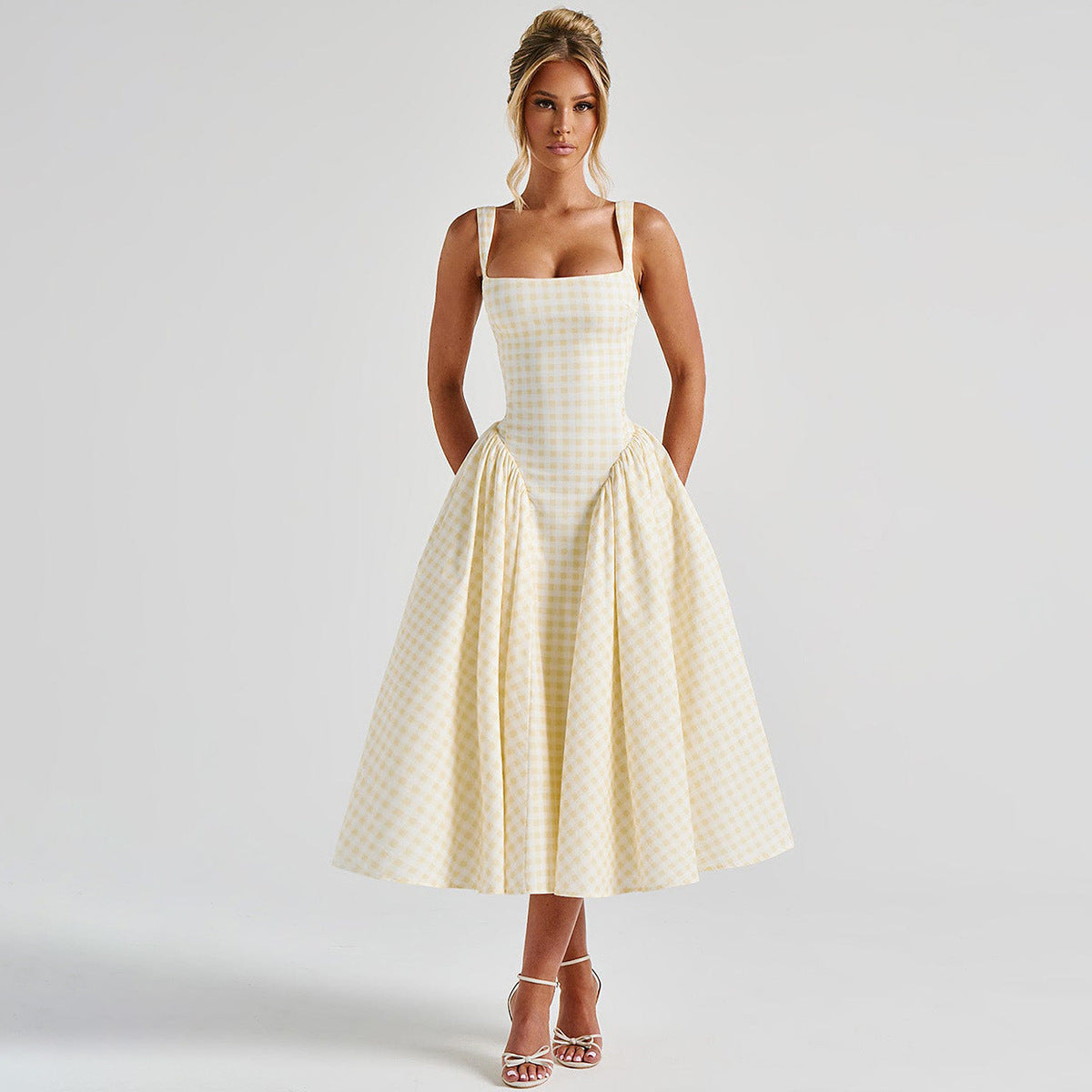 Dress for Women – Midi Length – Princess Cut – Check Pattern – Thin Straps – Cotton