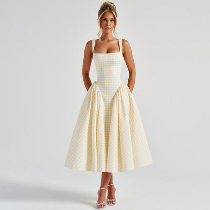 Dress for Women – Midi Length – Princess Cut – Check Pattern – Thin Straps – Cotton