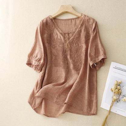 Women's Shirt with Short Sleeves – Loose Fit – Embroidered – Breathable Fabric – V-neck