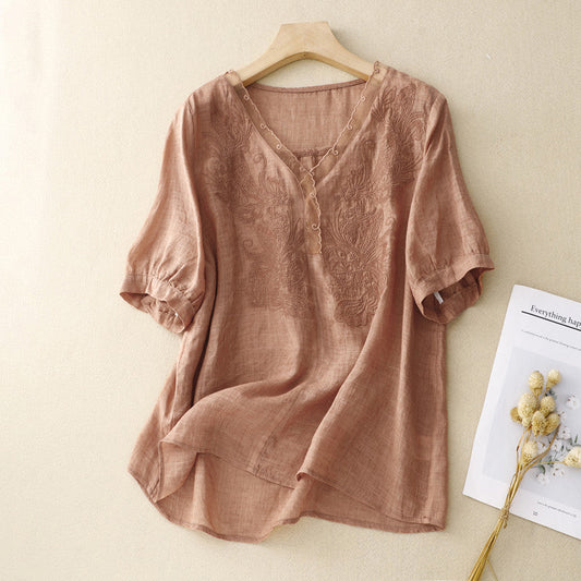 Women's Shirt with Short Sleeves – Loose Fit – Embroidered – Breathable Fabric – V-neck