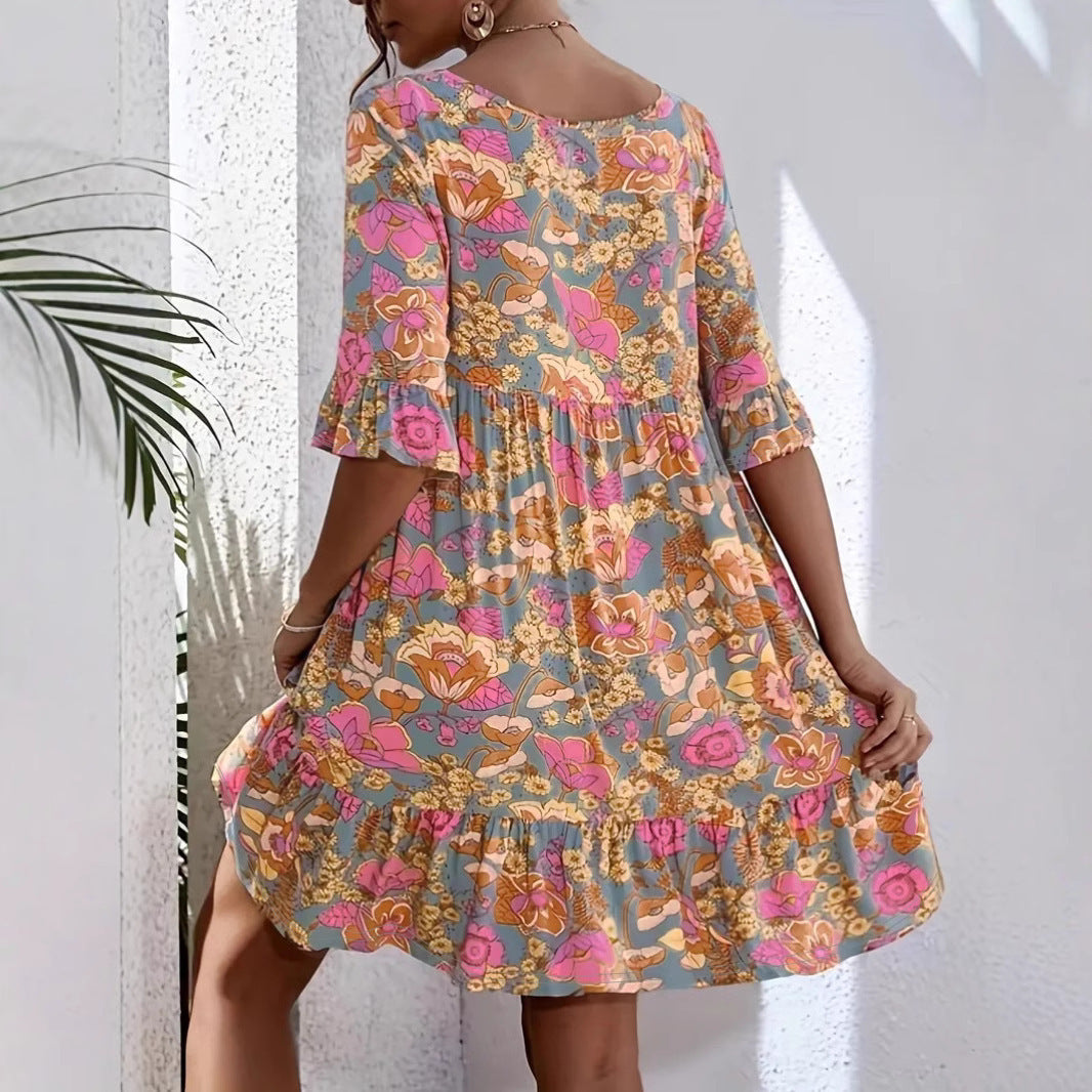 Women's Bohemian Dress – Loose Fit – V-neck – 3/4 Ruffle Sleeves – Floral Pattern – Cotton