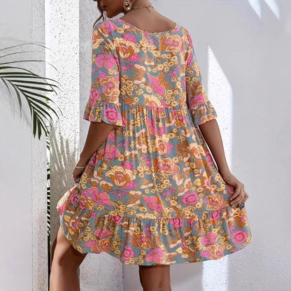 Women's Bohemian Dress – Loose Fit – V-neck – 3/4 Ruffle Sleeves – Floral Pattern – Cotton