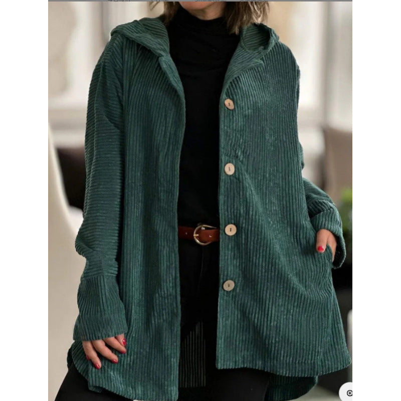Women's Jacket with Hood – Corduroy – Relaxed Fit – Mid-Length – Everyday Use