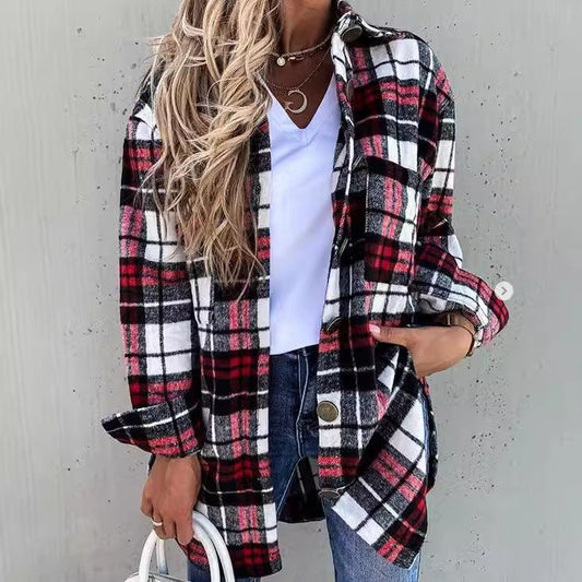 Women's Coat – Check Pattern – Oversized Fit – Wool Texture – Knee Length – Casual