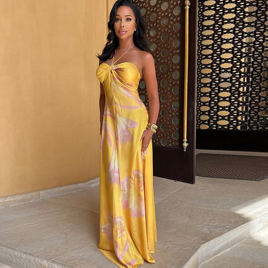 Women's Maxi Dress – Satin Feel – Halterneck – Strapless Bandeau – Elegant Print