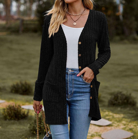 Women's Cardigan – Wool Knit – Relaxed Fit – Buttons – Rib Knit with Pockets