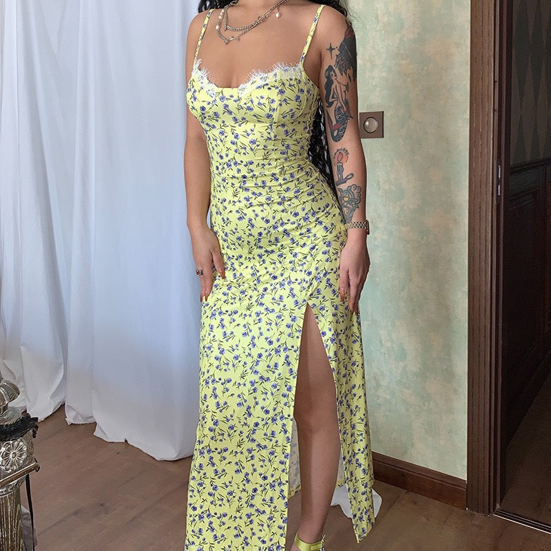 Women's Midi Dress – Tight Fit – Spaghetti Straps – Floral Print – Slit