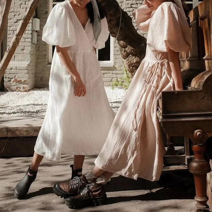 Dress for Women – V-Neck – Puff Sleeves – Soft Texture – Relaxed Fit – Midi Length