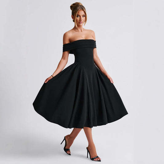 Dress woman – Off shoulder – A-line fit – Elegant formal midi length